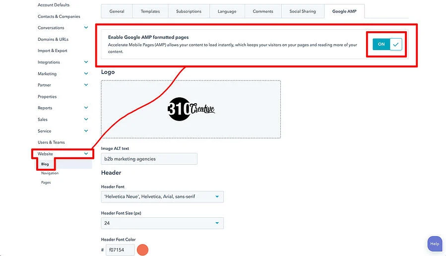 hubspot_google_amp_settigns
